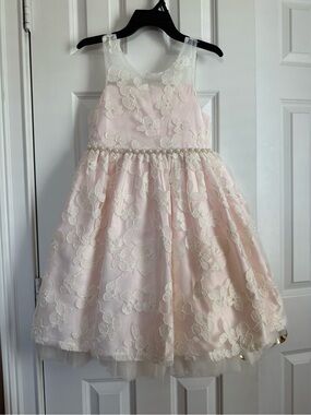 American Princess Light Pink Lace Pearl-Belted Party Dress Size 8 girls EUC